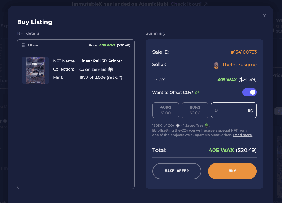 AtomicHub buy listing with carbon offset